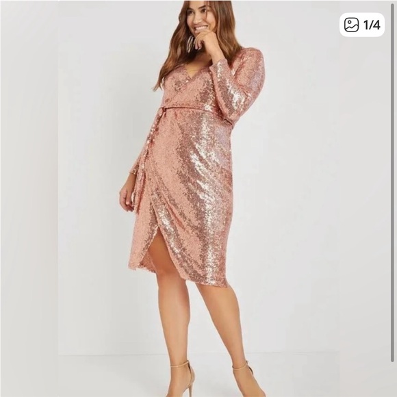 Eloquii Dresses & Skirts - Eloquii Pink Sequin Rose Gold Wrap Dress—Sz 16